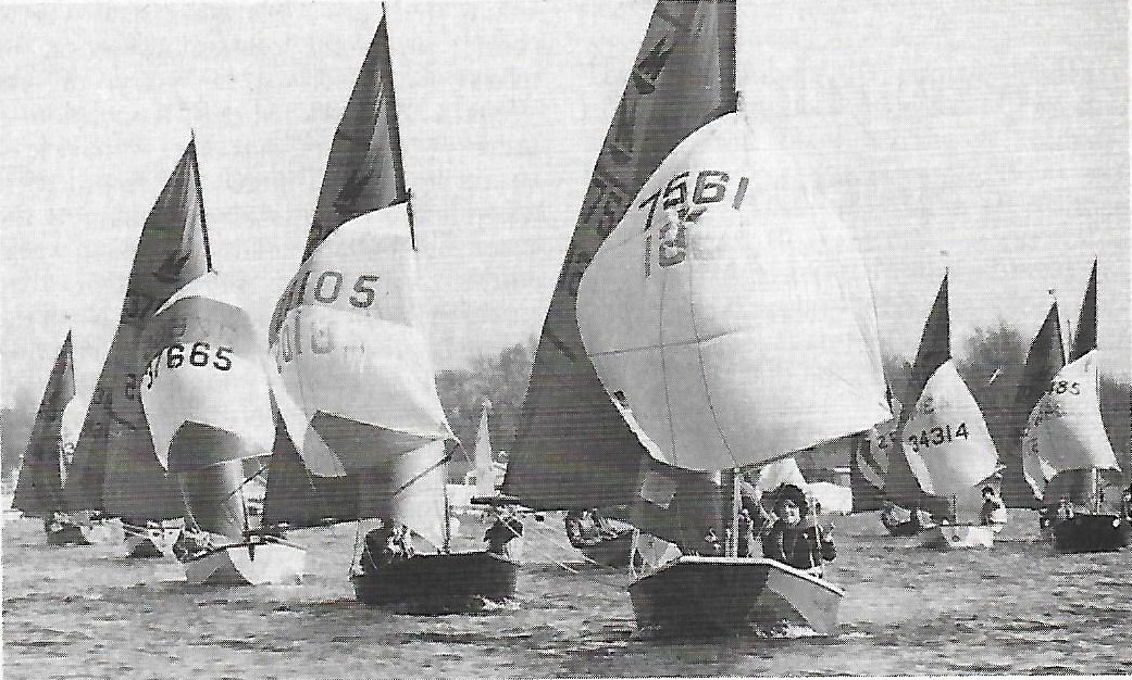 A fleet of Mirror dinghies racing downwind with spinnakers set