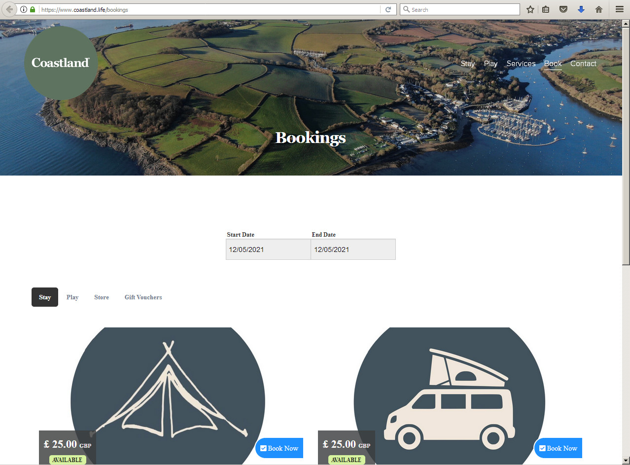 A camping website with main photo of the Trefusis headland estate viewed, by drone, from the east