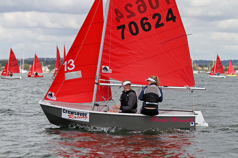 Grey GRP Mirror dinghy being sailed by two girls