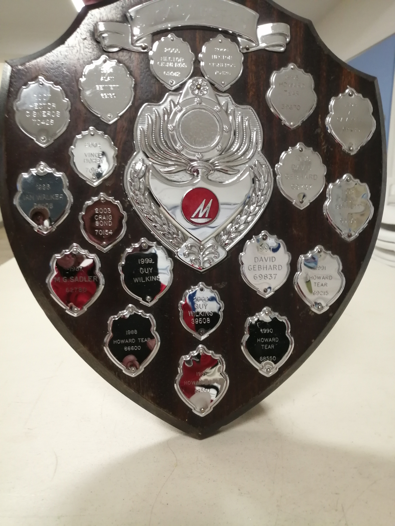 A wooden shield with small metal shields engraved with the winner's name